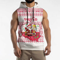 Poland Christmas Sleeveless Hoodie with Santa Children Gingerbread Map Outline and Red Snowflake Knit Pattern Design - Wonder Print Shop