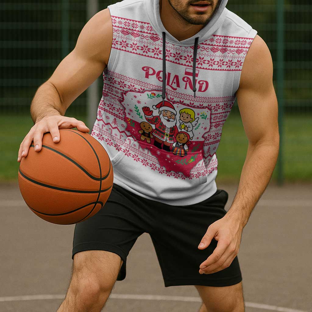 Poland Christmas Sleeveless Hoodie with Santa Children Gingerbread Map Outline and Red Snowflake Knit Pattern Design - Wonder Print Shop