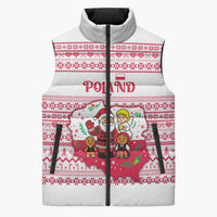 Poland Christmas Sleeveless Puffer Jacket with Santa Children Gingerbread Map Outline and Red Snowflake Knit Pattern Design - Wonder Print Shop