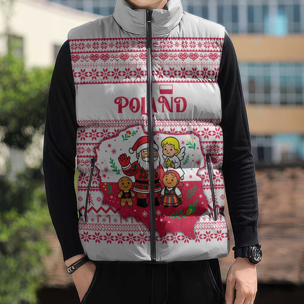Poland Christmas Sleeveless Puffer Jacket with Santa Children Gingerbread Map Outline and Red Snowflake Knit Pattern Design - Wonder Print Shop
