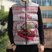 Poland Christmas Sleeveless Puffer Jacket with Santa Children Gingerbread Map Outline and Red Snowflake Knit Pattern Design - Wonder Print Shop