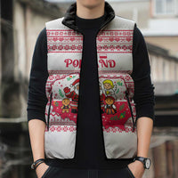 Poland Christmas Sleeveless Puffer Jacket with Santa Children Gingerbread Map Outline and Red Snowflake Knit Pattern Design - Wonder Print Shop