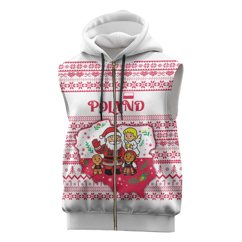 Poland Christmas Sleeveless Zip Hoodie with Santa Children Gingerbread Map Outline and Red Snowflake Knit Pattern Design - Wonder Print Shop