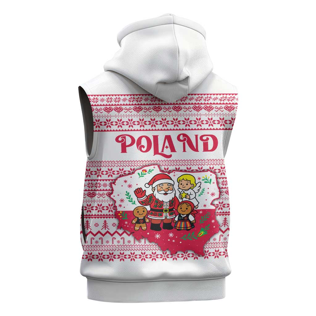 Poland Christmas Sleeveless Zip Hoodie with Santa Children Gingerbread Map Outline and Red Snowflake Knit Pattern Design - Wonder Print Shop