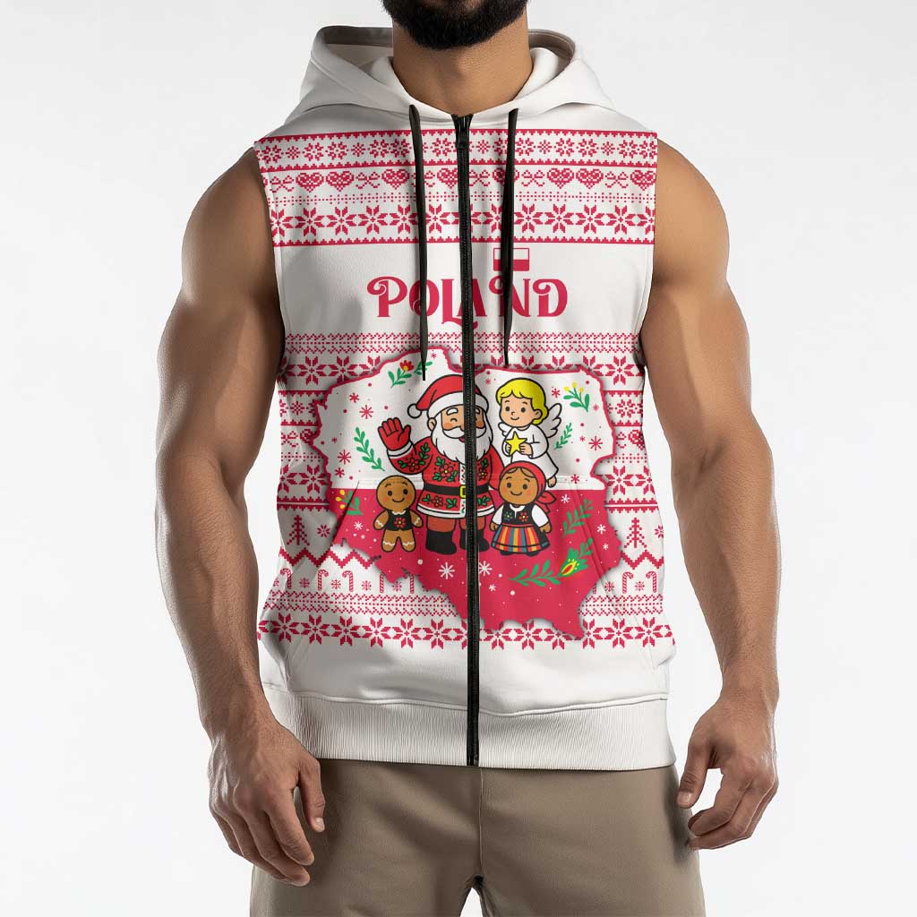 Poland Christmas Sleeveless Zip Hoodie with Santa Children Gingerbread Map Outline and Red Snowflake Knit Pattern Design - Wonder Print Shop