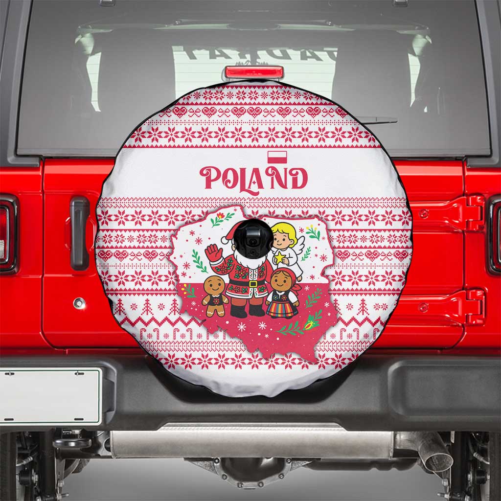 Poland Christmas Spare Tire Cover with Santa Children Gingerbread Map Outline and Red Snowflake Knit Pattern Design - Wonder Print Shop