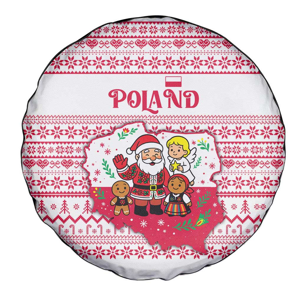 Poland Christmas Spare Tire Cover with Santa Children Gingerbread Map Outline and Red Snowflake Knit Pattern Design - Wonder Print Shop
