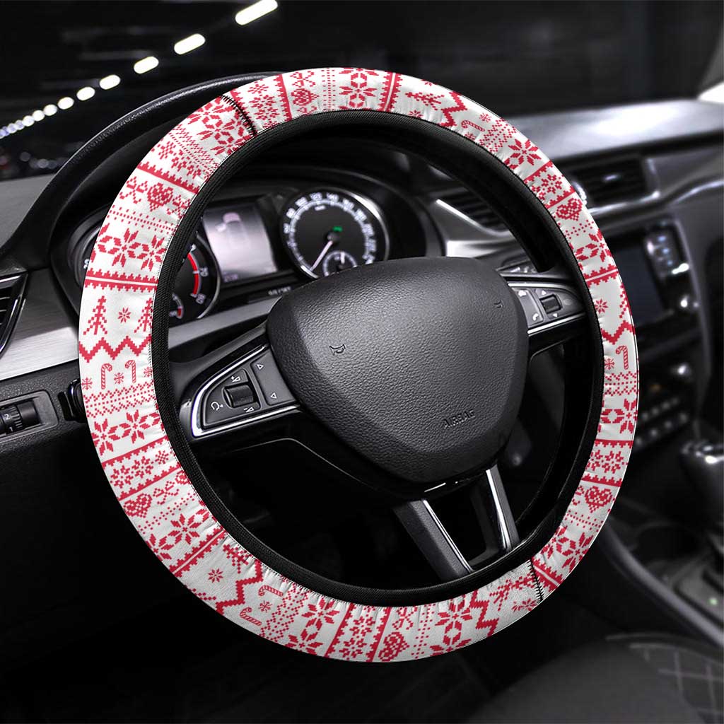 Poland Christmas Steering Wheel Cover with Santa Children Gingerbread Map Outline and Red Snowflake Knit Pattern Design - Wonder Print Shop