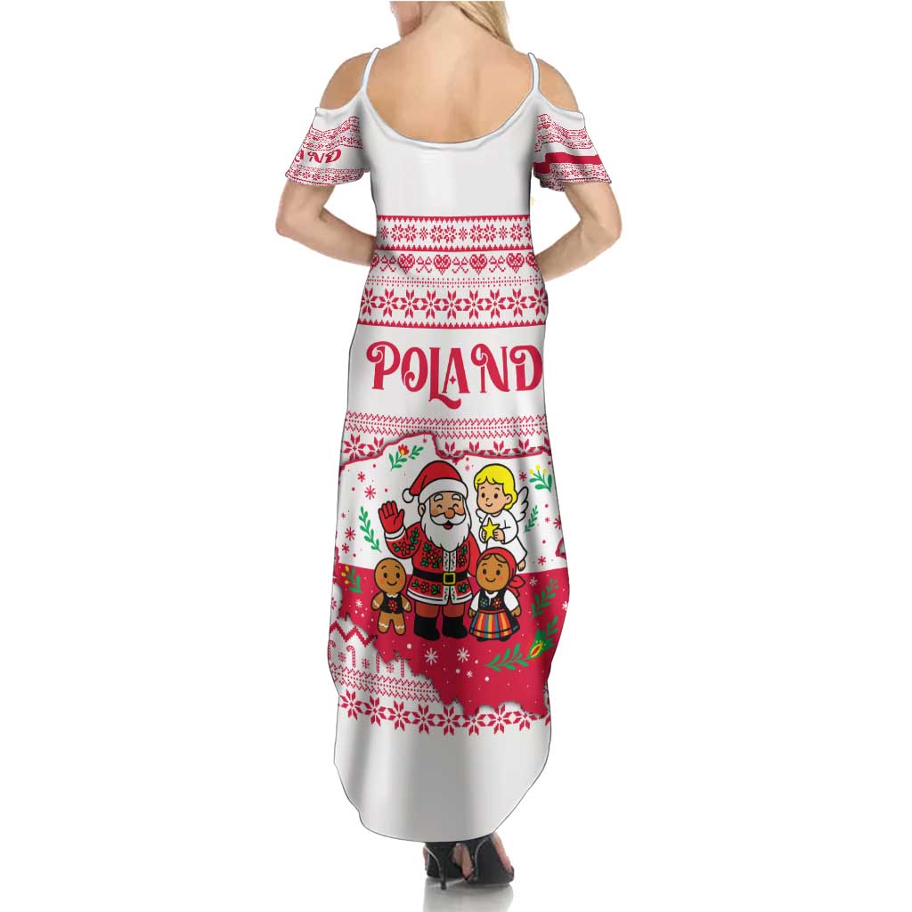 Poland Christmas Summer Maxi Dress with Santa Children Gingerbread Map Outline and Red Snowflake Knit Pattern Design - Wonder Print Shop