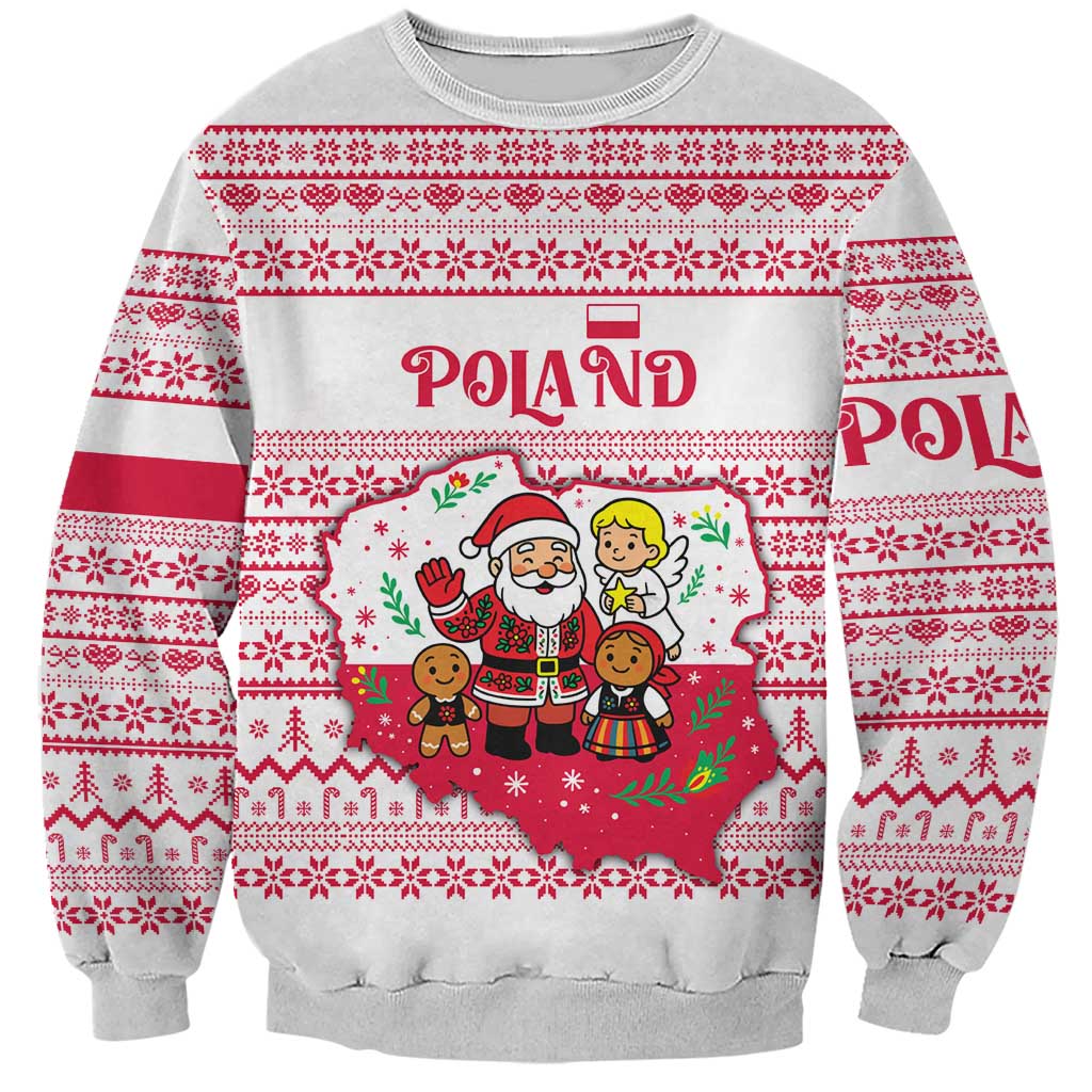 Poland Christmas Sweatshirt with Santa Children Gingerbread Map Outline and Red Snowflake Knit Pattern Design - Wonder Print Shop