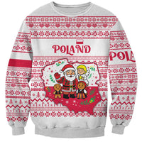Poland Christmas Sweatshirt with Santa Children Gingerbread Map Outline and Red Snowflake Knit Pattern Design - Wonder Print Shop