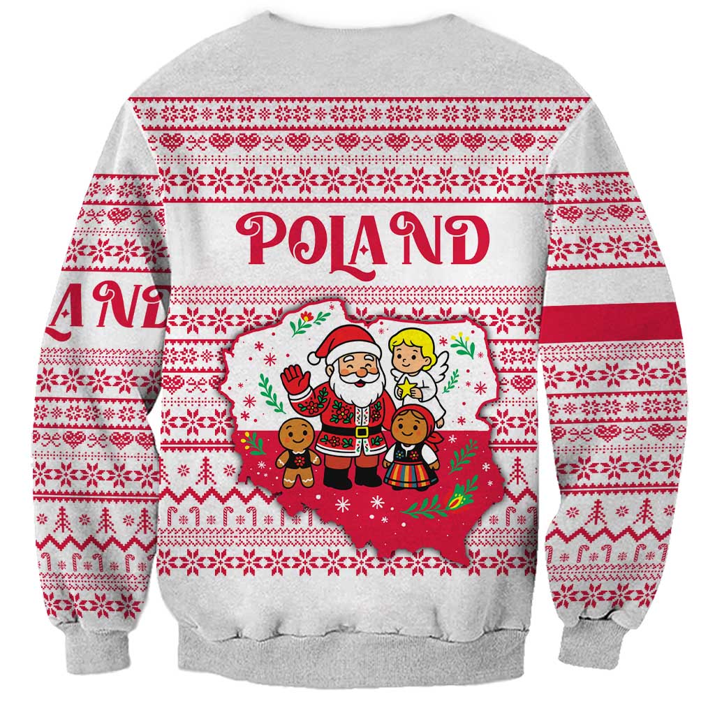 Poland Christmas Sweatshirt with Santa Children Gingerbread Map Outline and Red Snowflake Knit Pattern Design - Wonder Print Shop