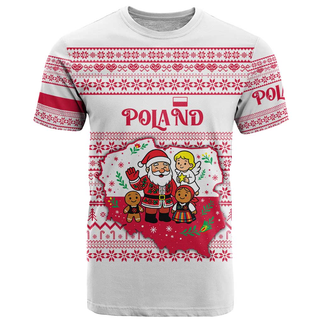 Poland Christmas T Shirt with Santa Children Gingerbread Map Outline and Red Snowflake Knit Pattern Design - Wonder Print Shop