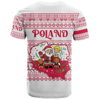 Poland Christmas T Shirt with Santa Children Gingerbread Map Outline and Red Snowflake Knit Pattern Design - Wonder Print Shop