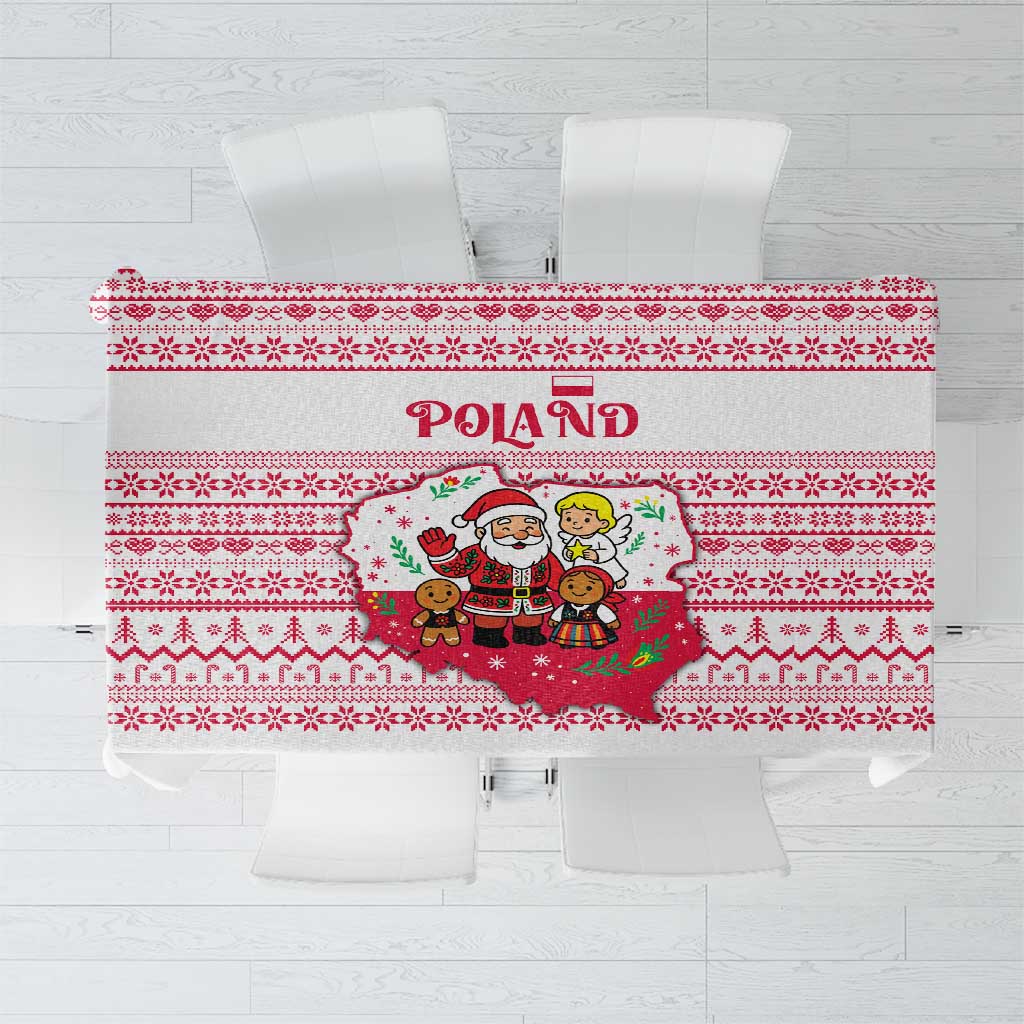 Poland Christmas Tablecloth with Santa Children Gingerbread Map Outline and Red Snowflake Knit Pattern Design - Wonder Print Shop