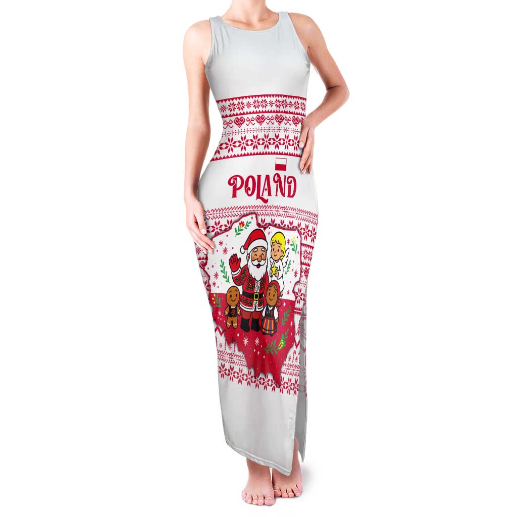 Poland Christmas Tank Maxi Dress with Santa Children Gingerbread Map Outline and Red Snowflake Knit Pattern Design - Wonder Print Shop