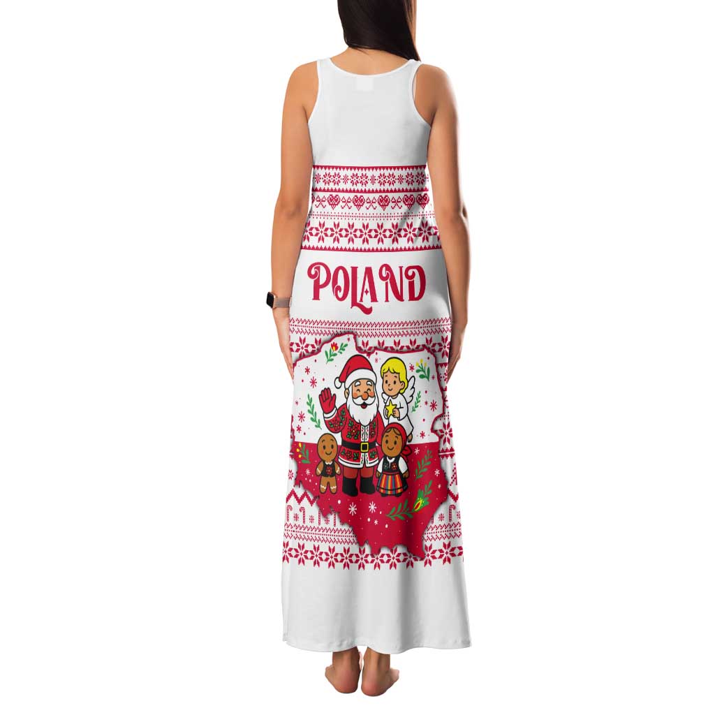 Poland Christmas Tank Maxi Dress with Santa Children Gingerbread Map Outline and Red Snowflake Knit Pattern Design - Wonder Print Shop