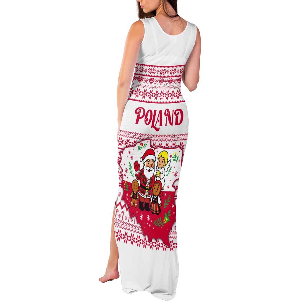 Poland Christmas Tank Maxi Dress with Santa Children Gingerbread Map Outline and Red Snowflake Knit Pattern Design - Wonder Print Shop