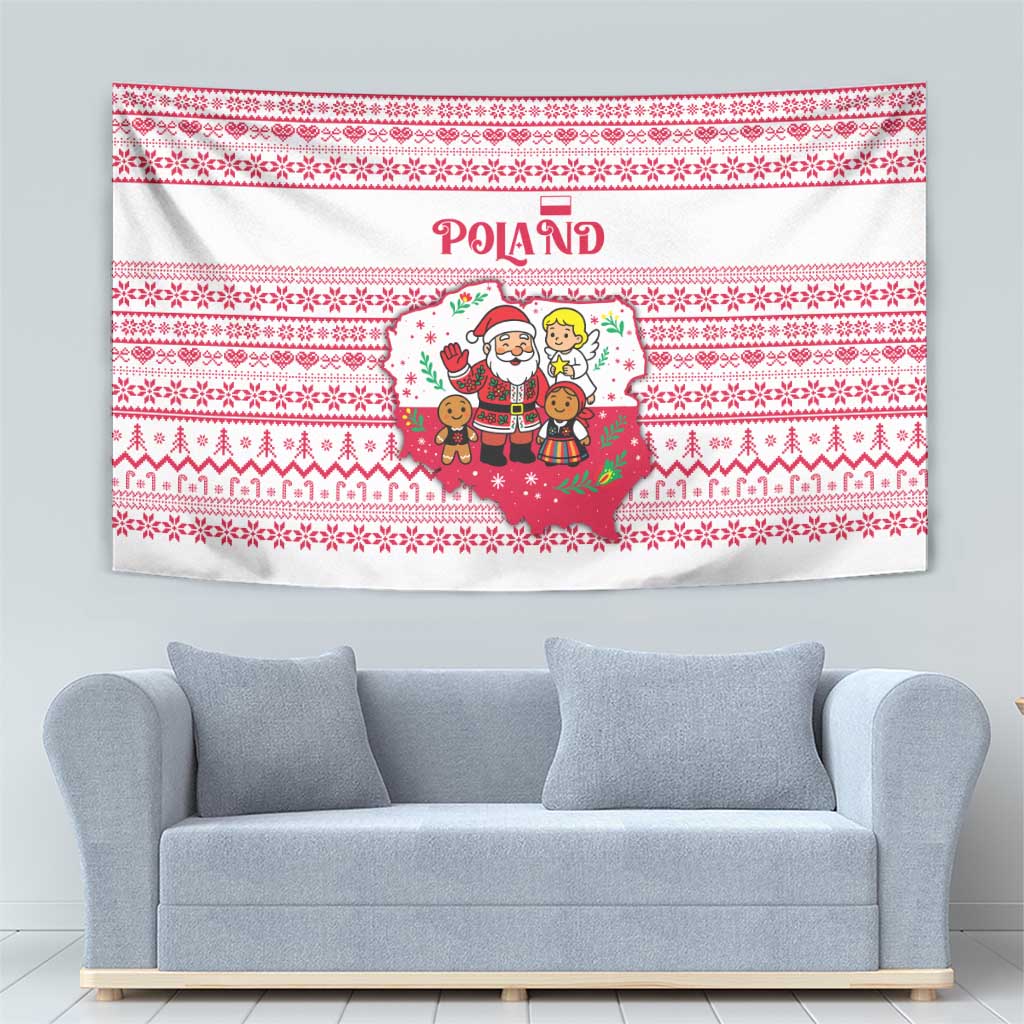 Poland Christmas Tapestry with Santa Children Gingerbread Map Outline and Red Snowflake Knit Pattern Design - Wonder Print Shop