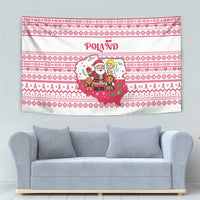 Poland Christmas Tapestry with Santa Children Gingerbread Map Outline and Red Snowflake Knit Pattern Design - Wonder Print Shop