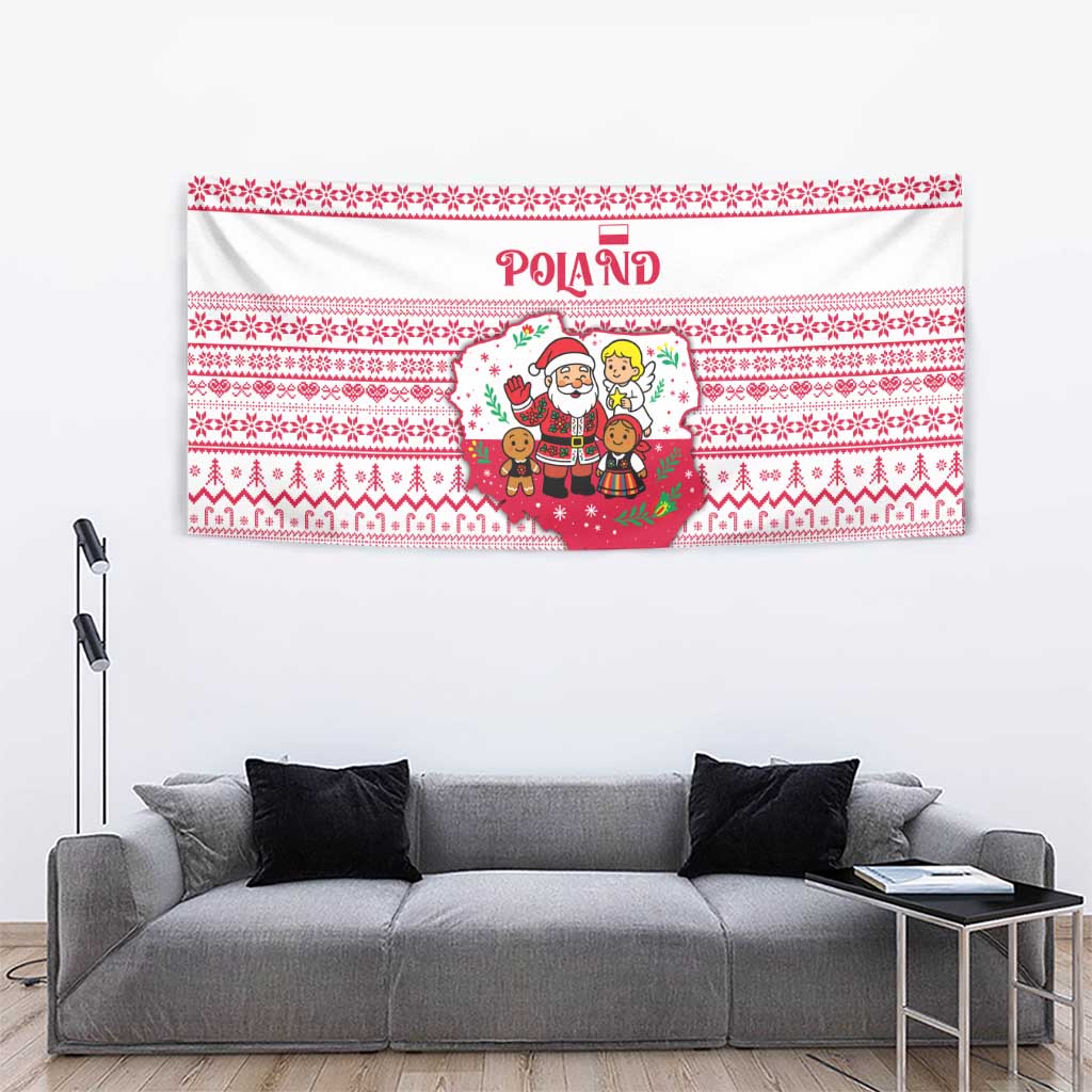 Poland Christmas Tapestry with Santa Children Gingerbread Map Outline and Red Snowflake Knit Pattern Design - Wonder Print Shop
