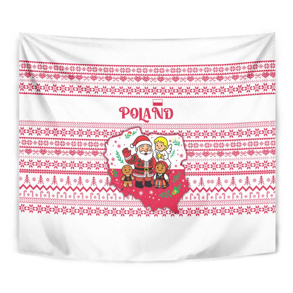 Poland Christmas Tapestry with Santa Children Gingerbread Map Outline and Red Snowflake Knit Pattern Design - Wonder Print Shop
