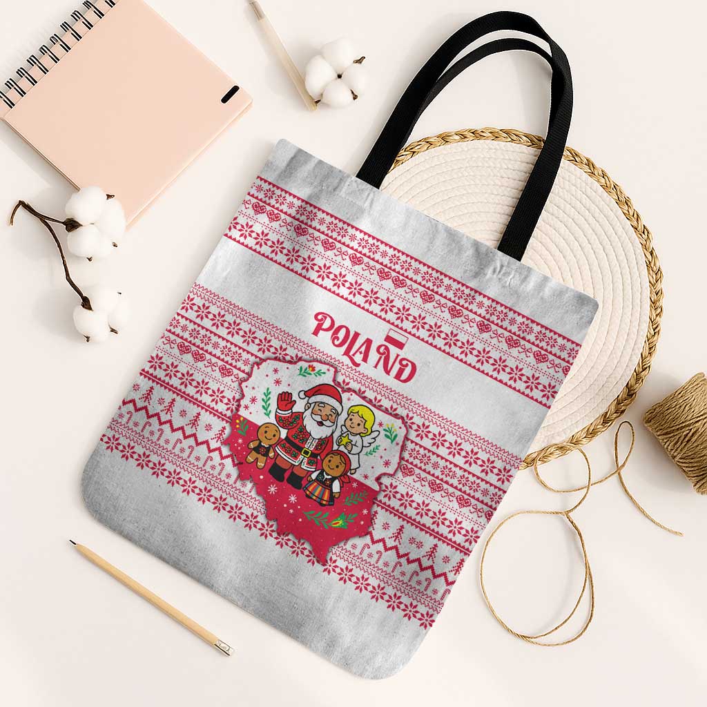 Poland Christmas Tote Bag with Santa Children Gingerbread Map Outline and Red Snowflake Knit Pattern Design - Wonder Print Shop