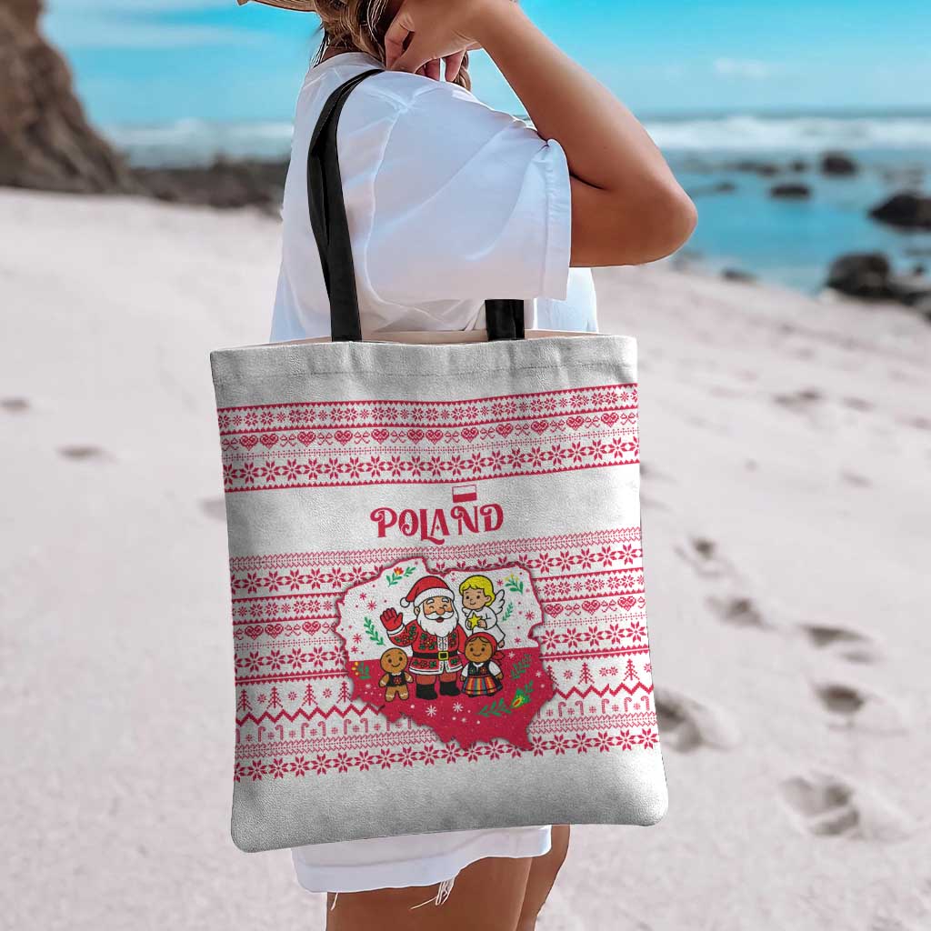 Poland Christmas Tote Bag with Santa Children Gingerbread Map Outline and Red Snowflake Knit Pattern Design - Wonder Print Shop