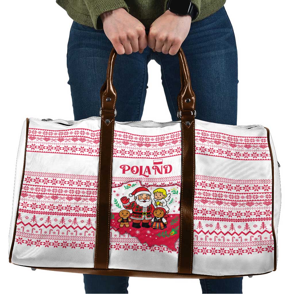 Poland Christmas Travel Bag with Santa Children Gingerbread Map Outline and Red Snowflake Knit Pattern Design - Wonder Print Shop