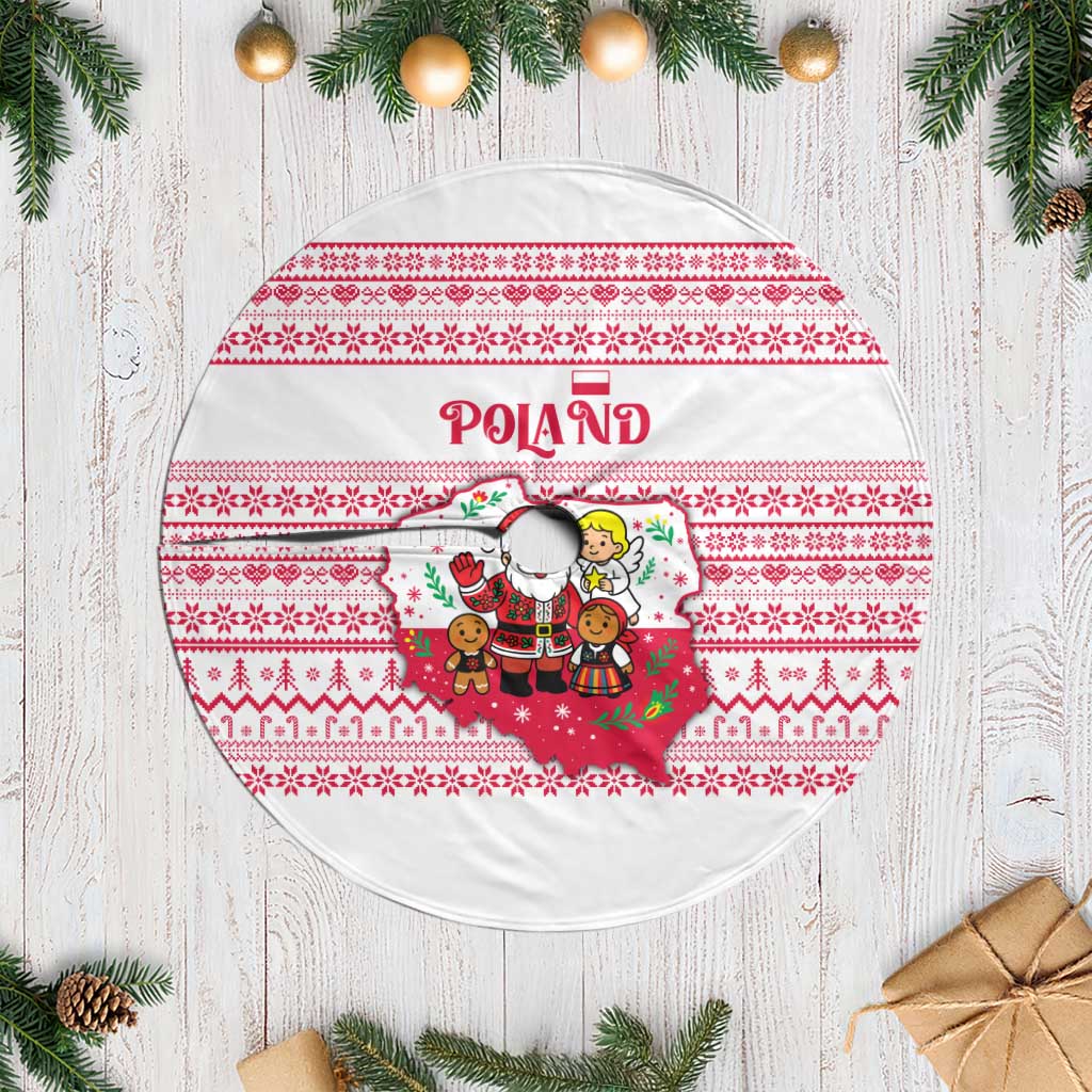 Poland Christmas Tree Skirt with Santa Children Gingerbread Map Outline and Red Snowflake Knit Pattern Design - Wonder Print Shop