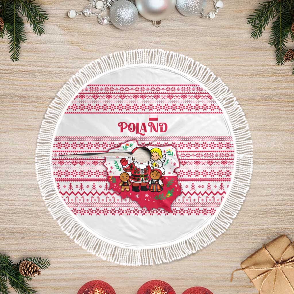 Poland Christmas Tree Skirt with Santa Children Gingerbread Map Outline and Red Snowflake Knit Pattern Design - Wonder Print Shop