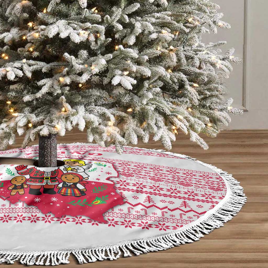 Poland Christmas Tree Skirt with Santa Children Gingerbread Map Outline and Red Snowflake Knit Pattern Design - Wonder Print Shop