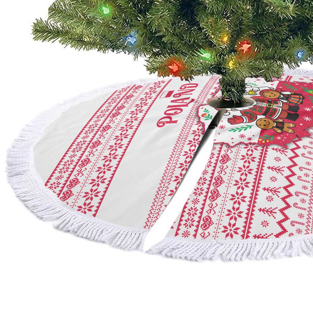 Poland Christmas Tree Skirt with Santa Children Gingerbread Map Outline and Red Snowflake Knit Pattern Design - Wonder Print Shop
