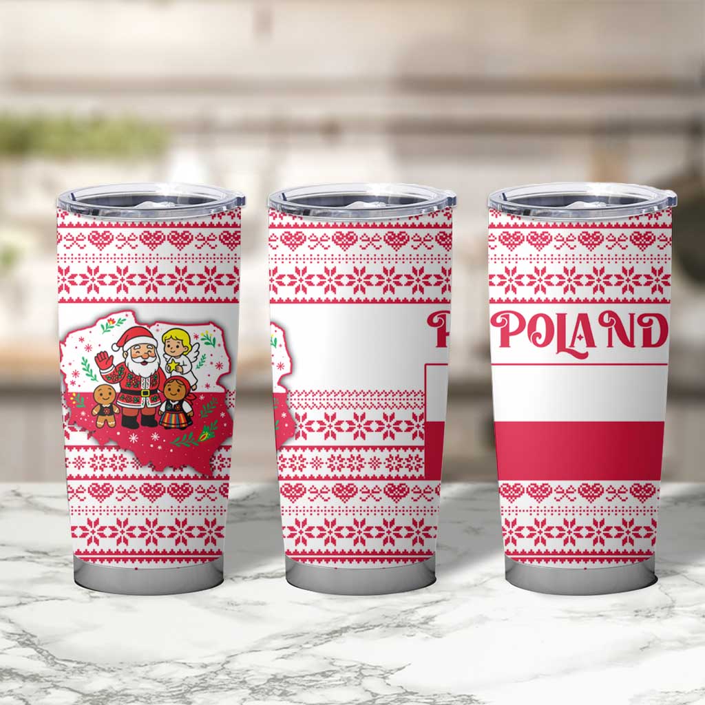 Poland Christmas Tumbler Cup with Santa Children Gingerbread Map Outline and Red Snowflake Knit Pattern Design - Wonder Print Shop