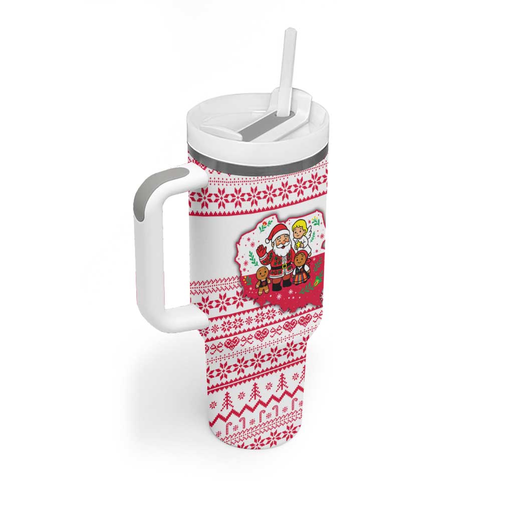 Poland Christmas Tumbler With Handle with Santa Children Gingerbread Map Outline and Red Snowflake Knit Pattern Design - Wonder Print Shop