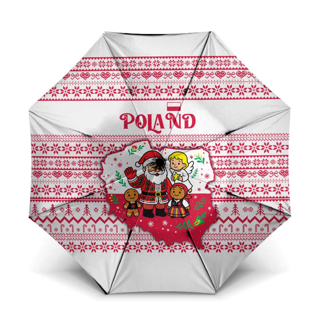 Poland Christmas Umbrella with Santa Children Gingerbread Map Outline and Red Snowflake Knit Pattern Design - Wonder Print Shop