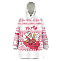 Poland Christmas Wearable Blanket Hoodie with Santa Children Gingerbread Map Outline and Red Snowflake Knit Pattern Design - Wonder Print Shop
