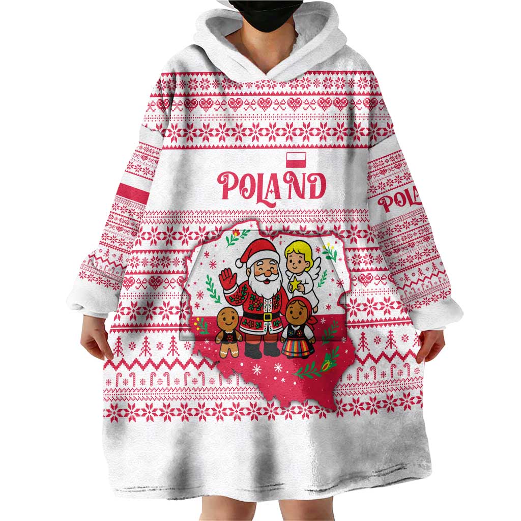 Poland Christmas Wearable Blanket Hoodie with Santa Children Gingerbread Map Outline and Red Snowflake Knit Pattern Design - Wonder Print Shop