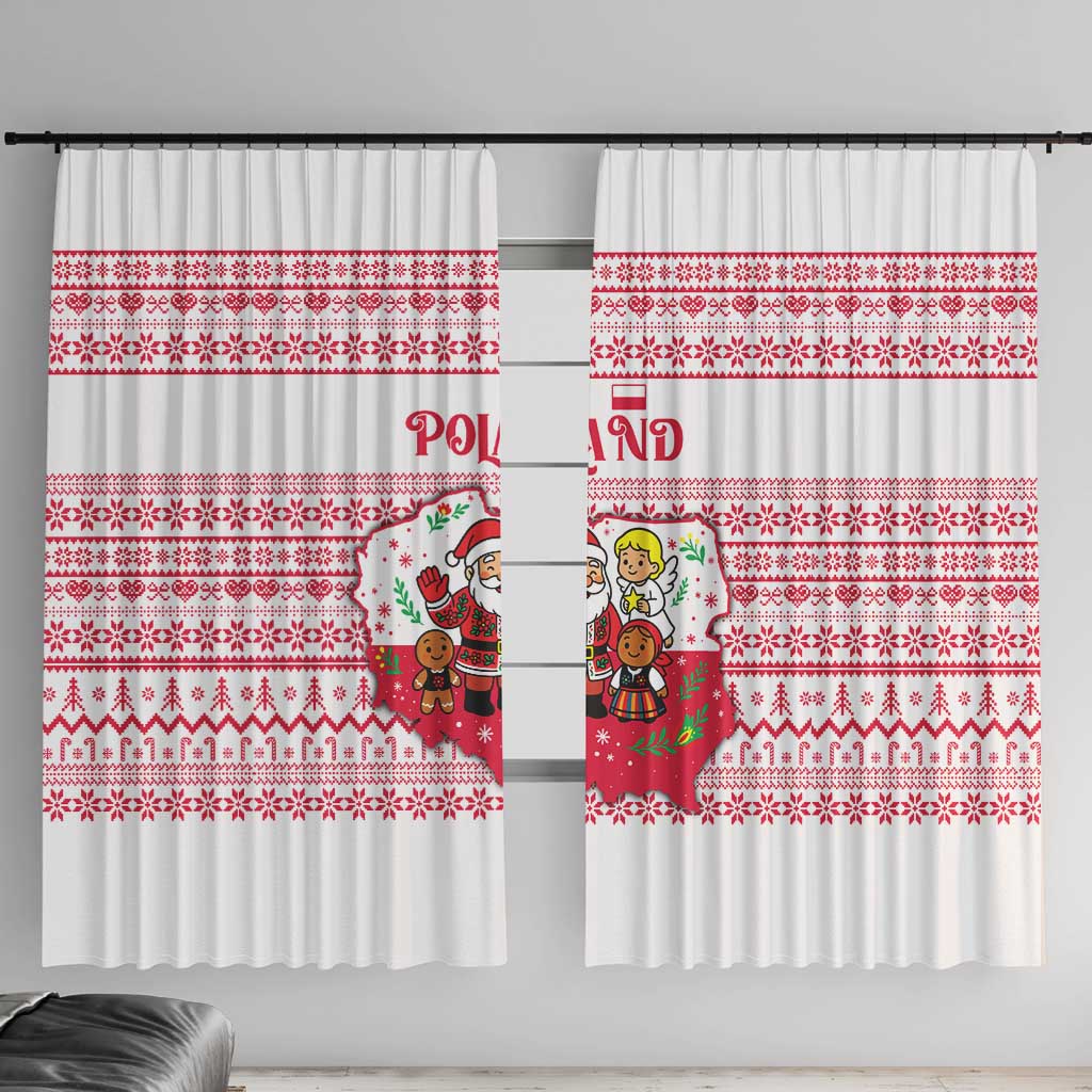 Poland Christmas Window Curtain with Santa Children Gingerbread Map Outline and Red Snowflake Knit Pattern Design - Wonder Print Shop
