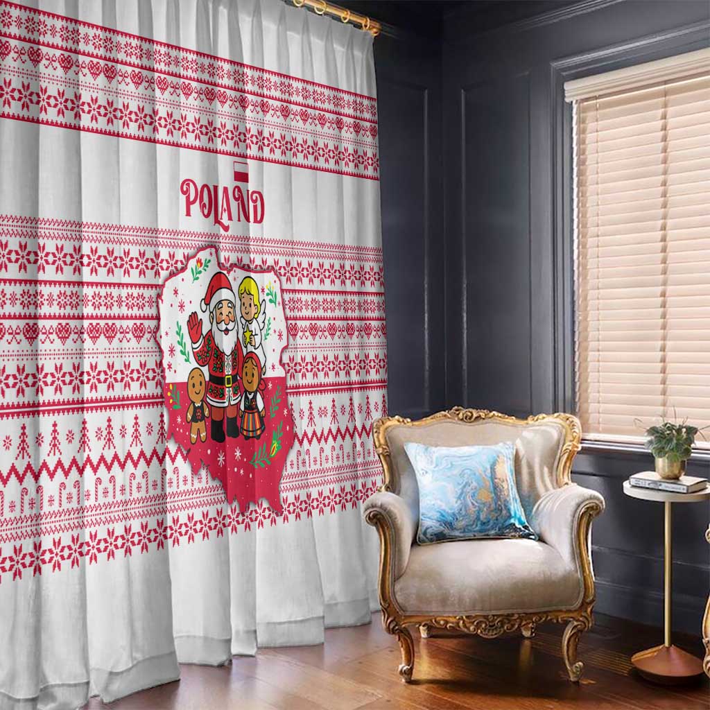 Poland Christmas Window Curtain with Santa Children Gingerbread Map Outline and Red Snowflake Knit Pattern Design - Wonder Print Shop