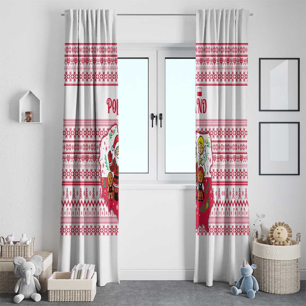 Poland Christmas Window Curtain with Santa Children Gingerbread Map Outline and Red Snowflake Knit Pattern Design - Wonder Print Shop