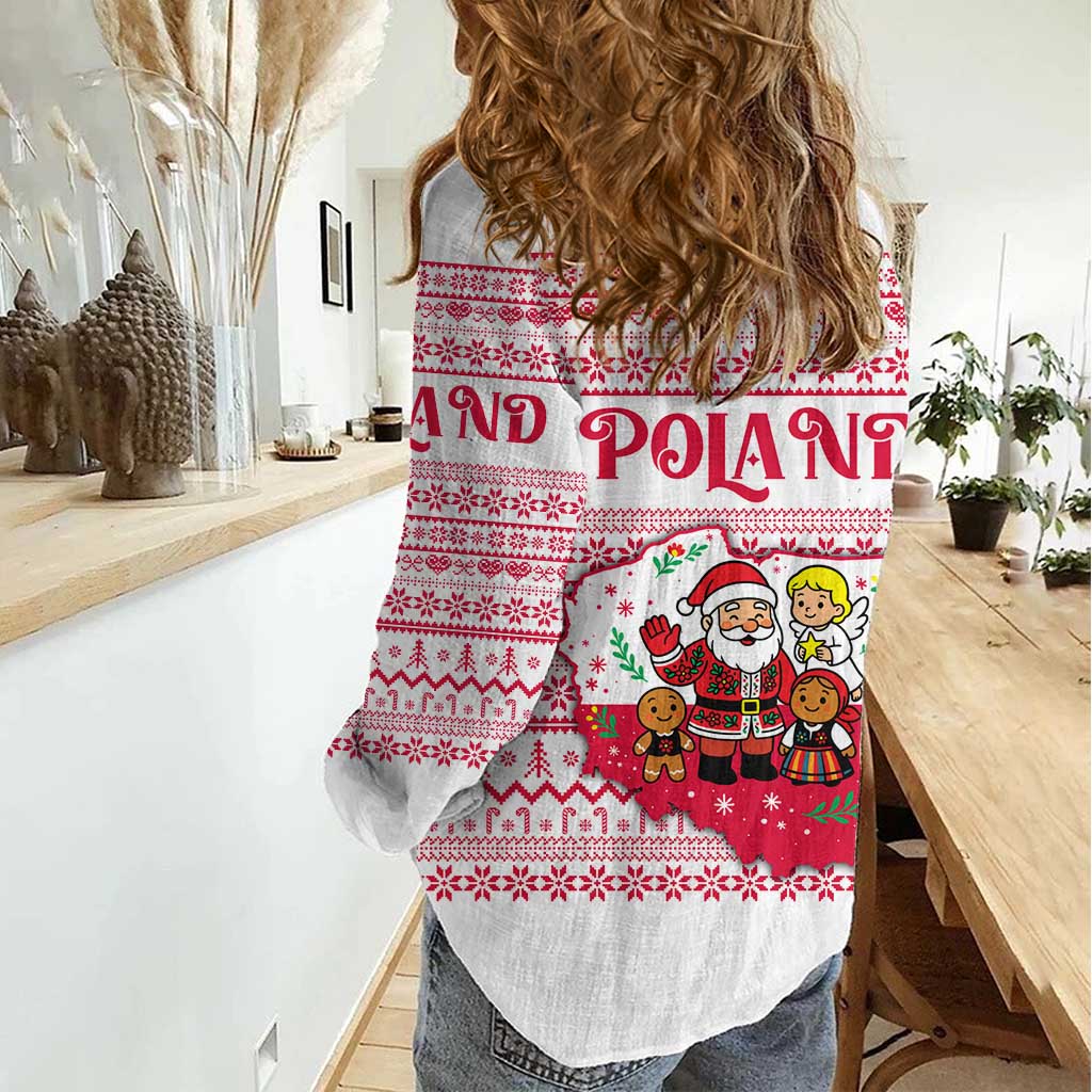 Poland Christmas Women Casual Shirt with Santa Children Gingerbread Map Outline and Red Snowflake Knit Pattern Design - Wonder Print Shop