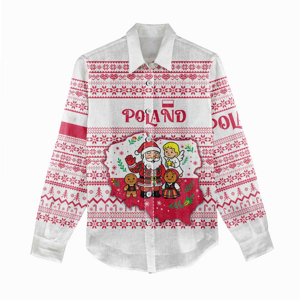 Poland Christmas Women Casual Shirt with Santa Children Gingerbread Map Outline and Red Snowflake Knit Pattern Design - Wonder Print Shop