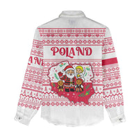 Poland Christmas Women Casual Shirt with Santa Children Gingerbread Map Outline and Red Snowflake Knit Pattern Design - Wonder Print Shop