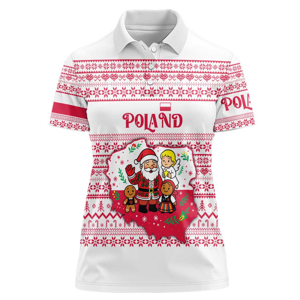 Poland Christmas Women Polo Shirt with Santa Children Gingerbread Map Outline and Red Snowflake Knit Pattern Design - Wonder Print Shop