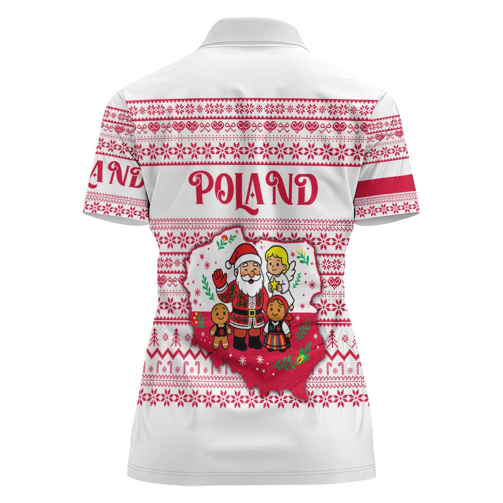 Poland Christmas Women Polo Shirt with Santa Children Gingerbread Map Outline and Red Snowflake Knit Pattern Design - Wonder Print Shop