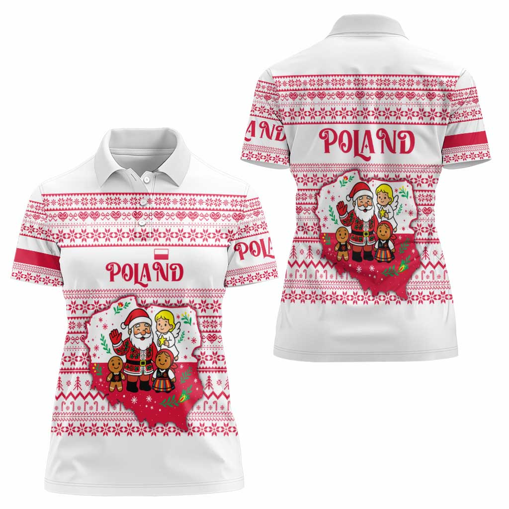 Poland Christmas Women Polo Shirt with Santa Children Gingerbread Map Outline and Red Snowflake Knit Pattern Design - Wonder Print Shop