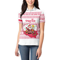 Poland Christmas Women Polo Shirt with Santa Children Gingerbread Map Outline and Red Snowflake Knit Pattern Design - Wonder Print Shop