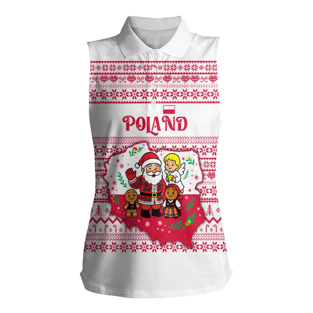 Poland Christmas Women Sleeveless Polo Shirt with Santa Children Gingerbread Map Outline and Red Snowflake Knit Pattern Design - Wonder Print Shop
