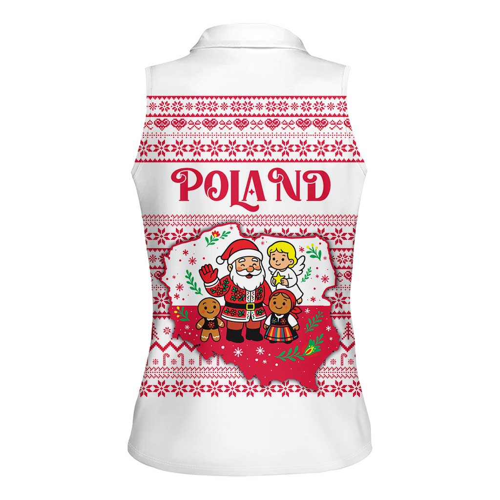 Poland Christmas Women Sleeveless Polo Shirt with Santa Children Gingerbread Map Outline and Red Snowflake Knit Pattern Design - Wonder Print Shop